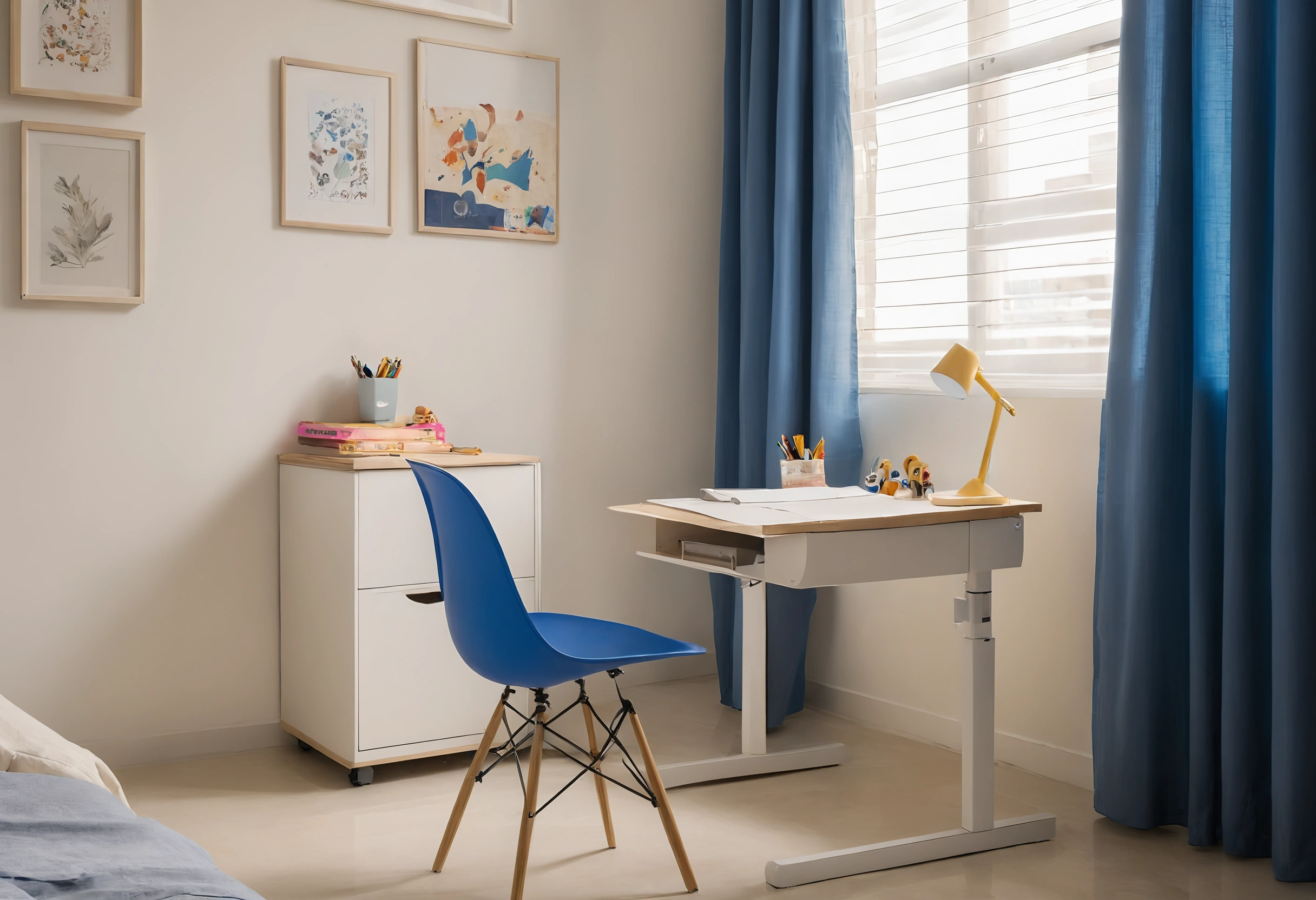 Height-adjustable child's desk with a blue chair, yellow task lamp and drawer unit beside a window with blue curtains