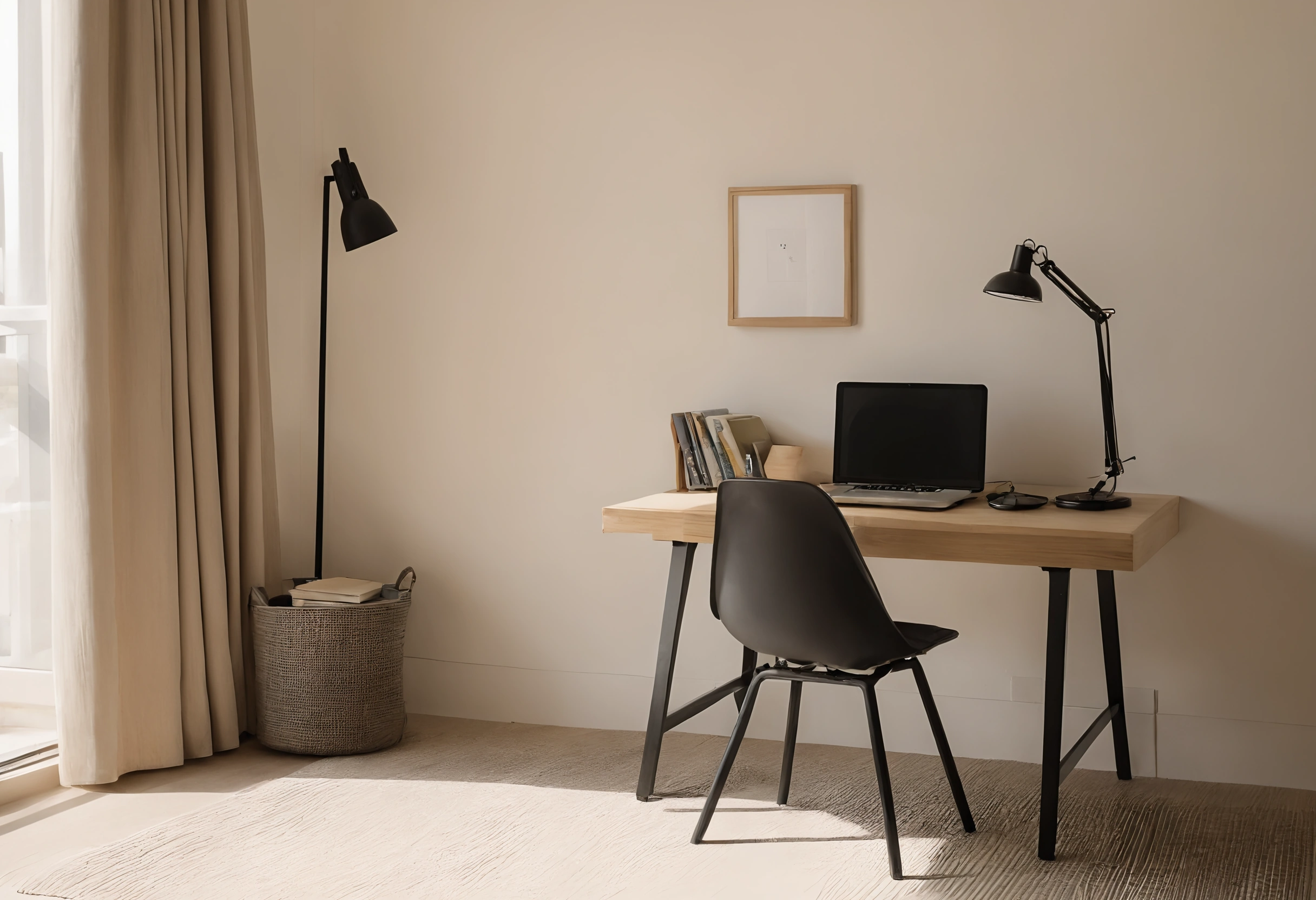 Light oak desk with a laptop, task lamp and black chair beside a curtained window in a Dubai apartment